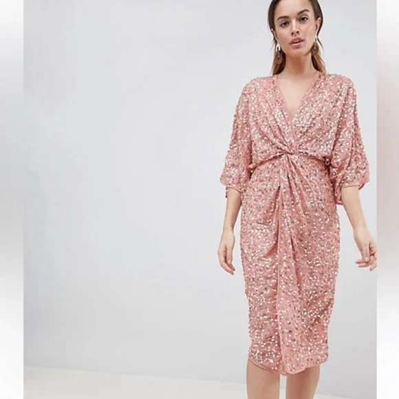 ASOS Sz 20W Curve Twist Front Light Blue Sequin Midi Dress - Picture 5 of 8